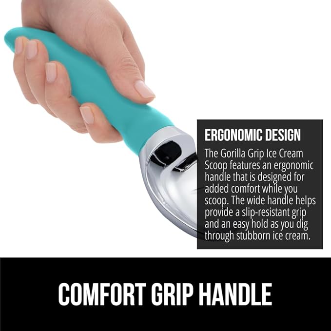 GORILLA GRIP BPA-Free Heavy Duty Ice Cream Scoop, Comfortable Ergonomic Handle, Professional Grade Scooper, Perfect Round Scoops, Spoon Frozen Hard Gelato Sorbet Cookie Dough, Kitchen Tool, Turquoise