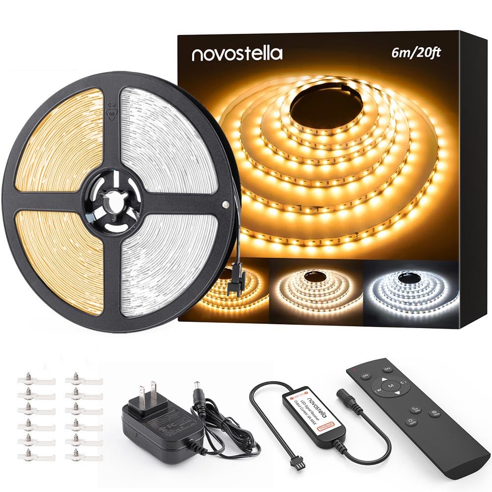 Novostella 20Ft Dimmable Tunable White Led Strip Light Kit, Flexible Rope, Warm White + Daylight White, 24V For Home & Kitchen Lighting