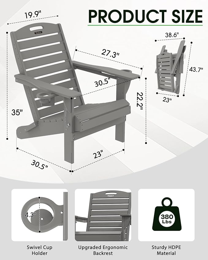 Adirondack Chairs Set of 6, Outdoor Fire Pit Chairs, HDPE All-Weather Adirondack Chairs with Cup Holder, Lawn Chair for Deck, Patio, Garden (Grey)