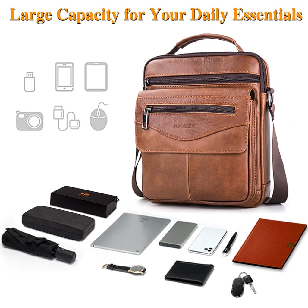 BAGZY Leather Messenger Bag for Men Shoulder Bag for Mens Handbag Crossbody Bag Large Sling Bags for 11 inch IPad Travel Business with Adjustable Shoulder Strap Brown