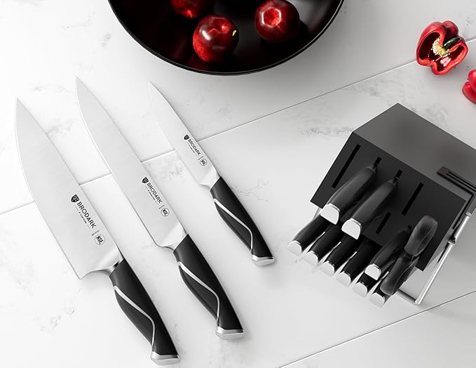 BRODARK Kitchen Knife Sets with Block and Built-in Sharpener - 15 Pcs Full Tang Professional Chef Knife Set - NSF Certified Food Grade Stainless Steel Cutlery Set - Eclipse Series