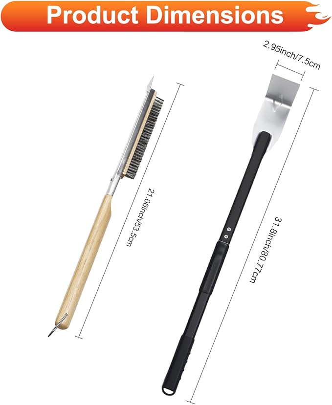 2PCS Pizza Oven Accessories Set, Pizza Brush, Ash Rake with Rubberwood Handle, Durable Pizza Oven Brush and Rake Kit for Deep Cleaning Wood-Fired Ovens