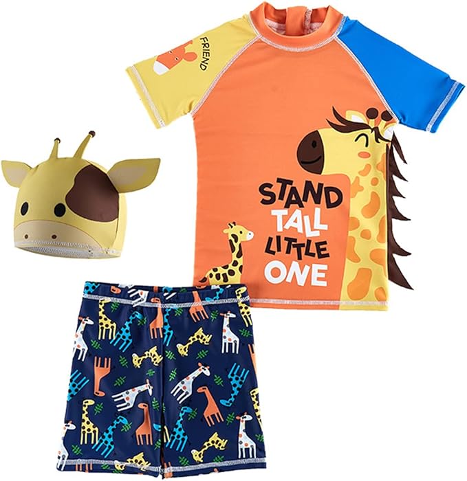JELEUON Kids Baby Boys Two Piece Cartoon Giraffe Print Short Sleeve Swimsuits UV Rash Guard Swimwear Bathing Suits with Caps