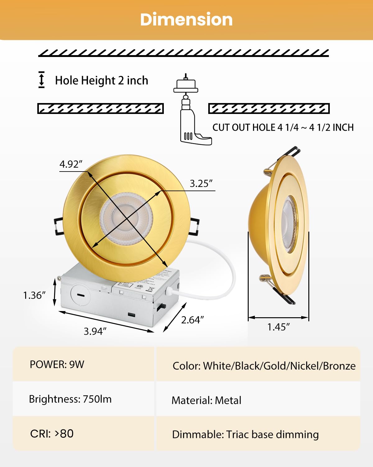 Popanu 4 Inch Led Recessed Light - 9W Gold Gimbal Recessed Lighting Canless Soffit Swivel Eyeball 90 Tilt Wafer Slope Ceiling Adjustable Spotlight Dimmable For Accent Lighting Gold 6 Pack