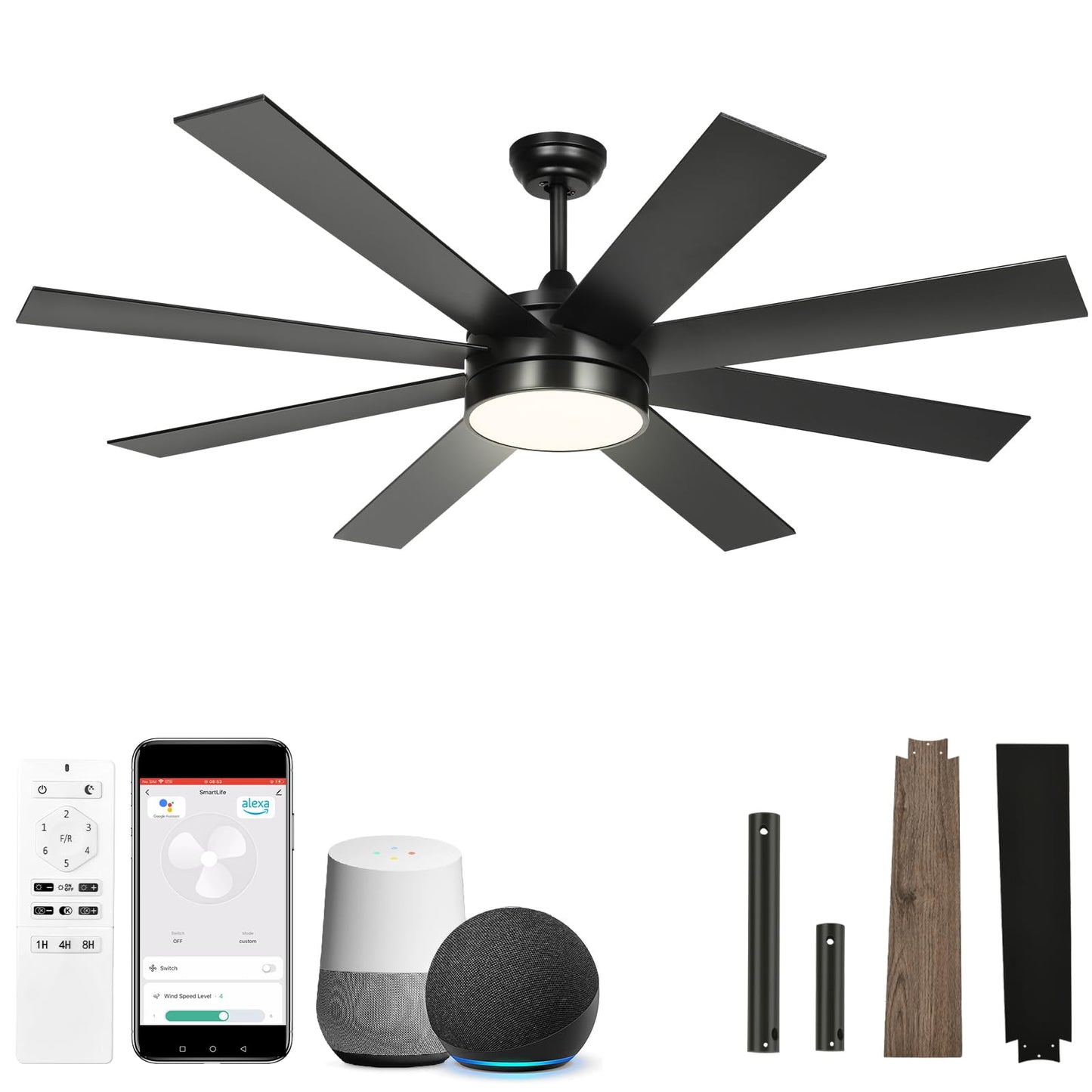 Yitahome 60 Inch Black Ceiling Fan With Lights And Remote,8 Blades,App Control, Modern Smart Ceiling Fan Compatible With Alexa F