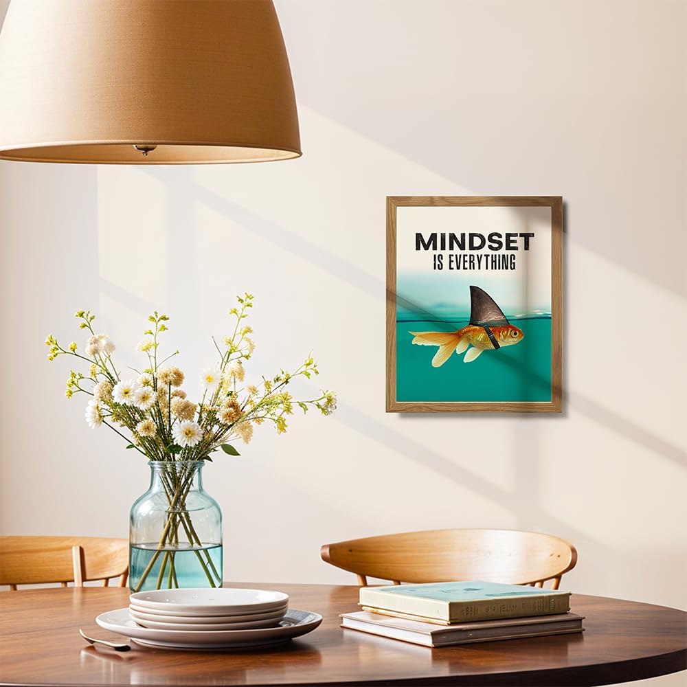Mindset is Everything FRAMED - Motivational Wall Art Poster for Home, Office - Gift for Entrepreneur, Student, Men - Inspirational Decor - Uplifting Self-Improvement Positive Quote - Shark Goldfish