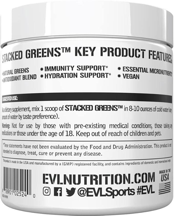 Evlution Nutrition Stacked Greens - Raw Superfood - Made with Natural Greens Blend + Essential Daily Micronutrients - Immunity + Hydration Support - Vegan & GMO-Free - 30 Servings - Orchard Apple