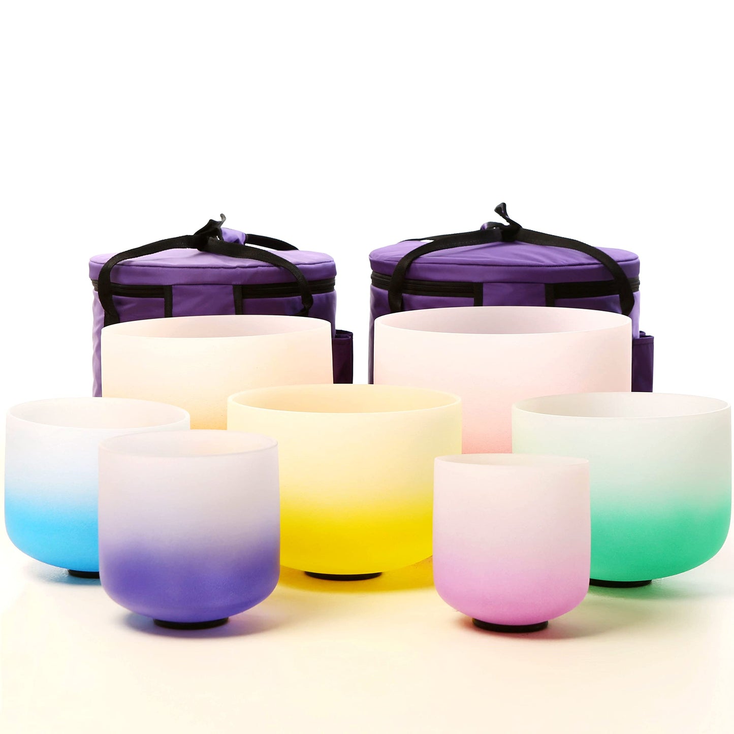 Leize Chakra Tuned 432hz Set of 7 Gradient Color Quartz Crystal Singing Bowls 6-12 inch with Heavy Duty Carrying Cases and Singi