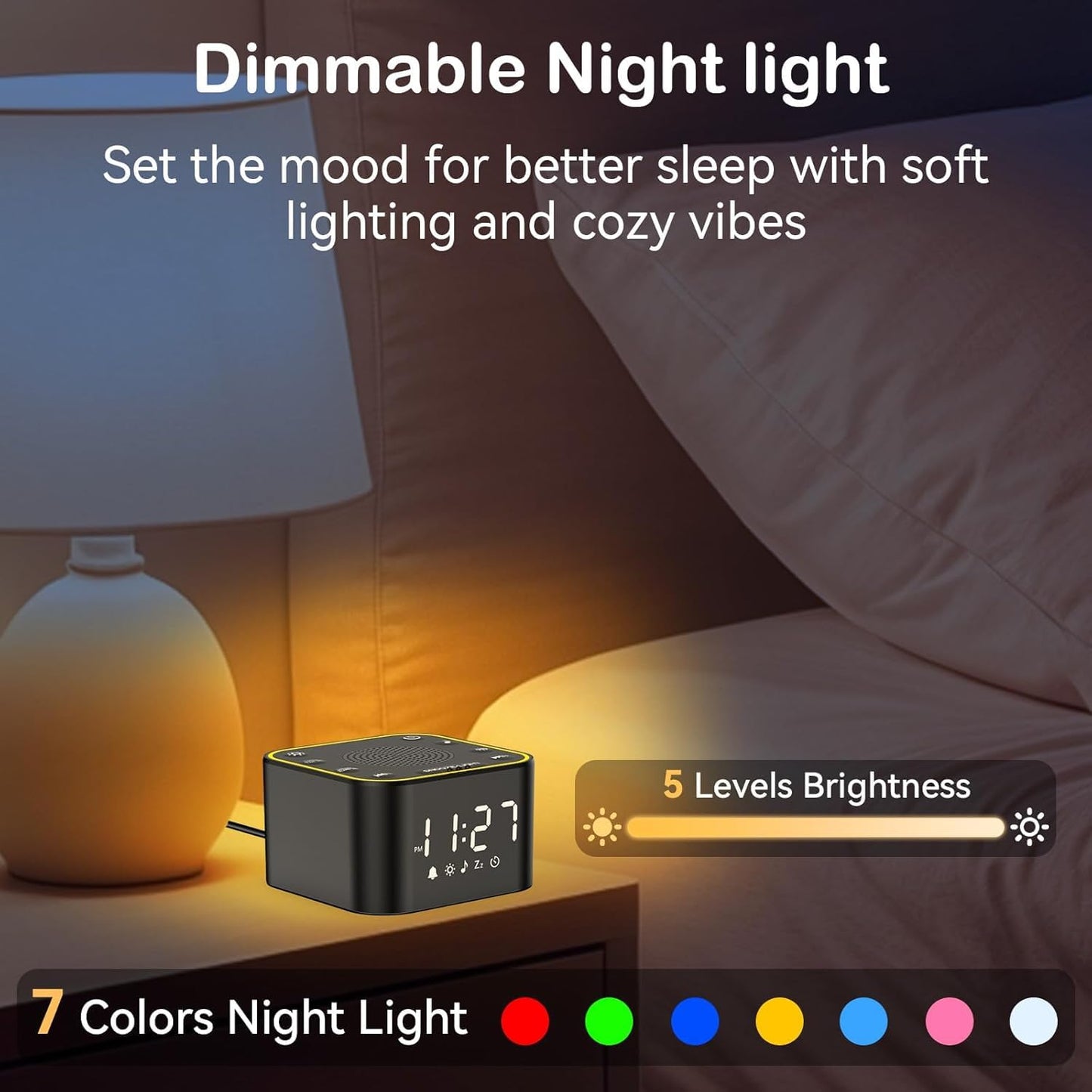Sound Machine with Alarm Clock: 30 Non-Looping Sleep Sounds - White Noise Alarm Clock for Natural Wake Up - Adjustable Volume & Light, Memory Function, Sleep Timer (Black)