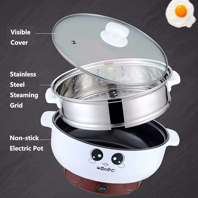 2.8L (with Lid and Steamer) 4-IN-1 Multifunction Electric Cooker Skillet Grill Pot Wok Electric Hot Pot for Noodles Cook Rice Fried Stew Soup Steamed Fish Boiled Egg Non-stick