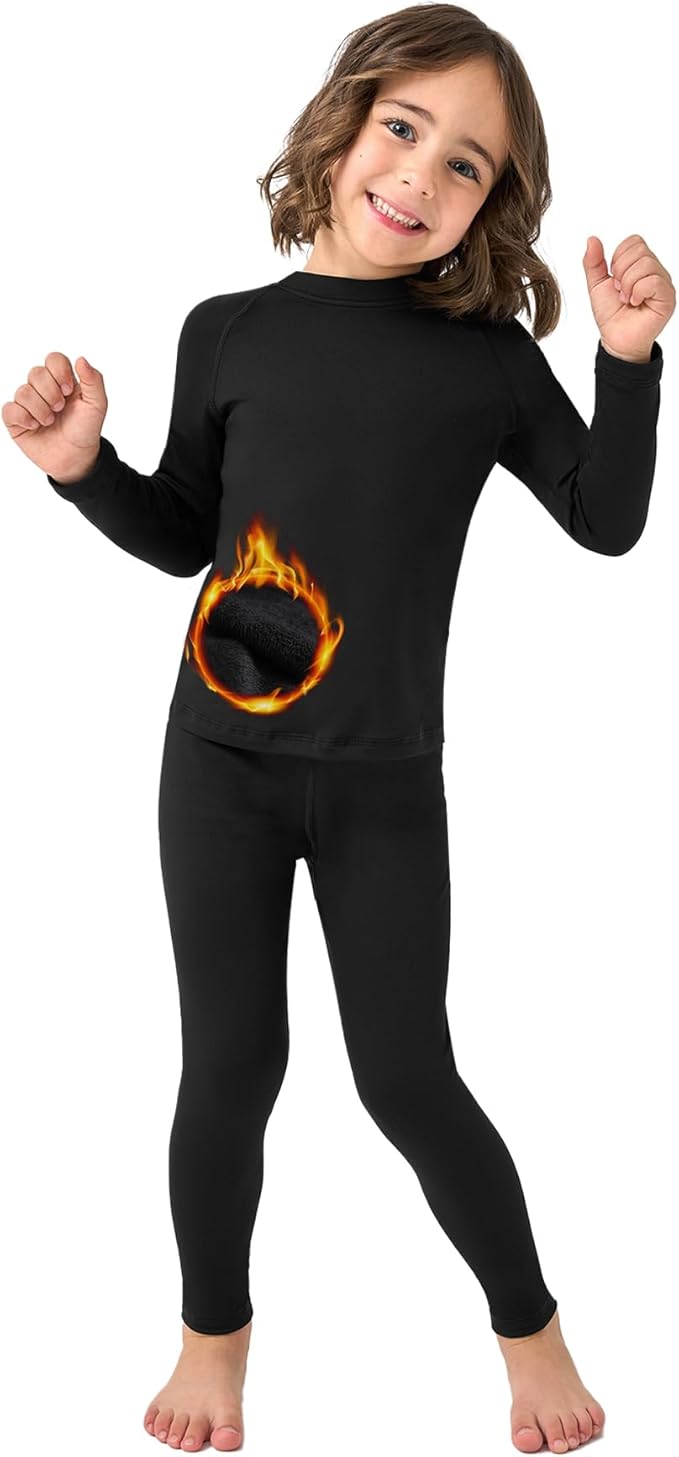 PUMYOON 2T-6Y Fleece Lined Toddler Thermal Set, Thermal Underwear for Kids, Black Base Layer Long Johns for Boys Girls