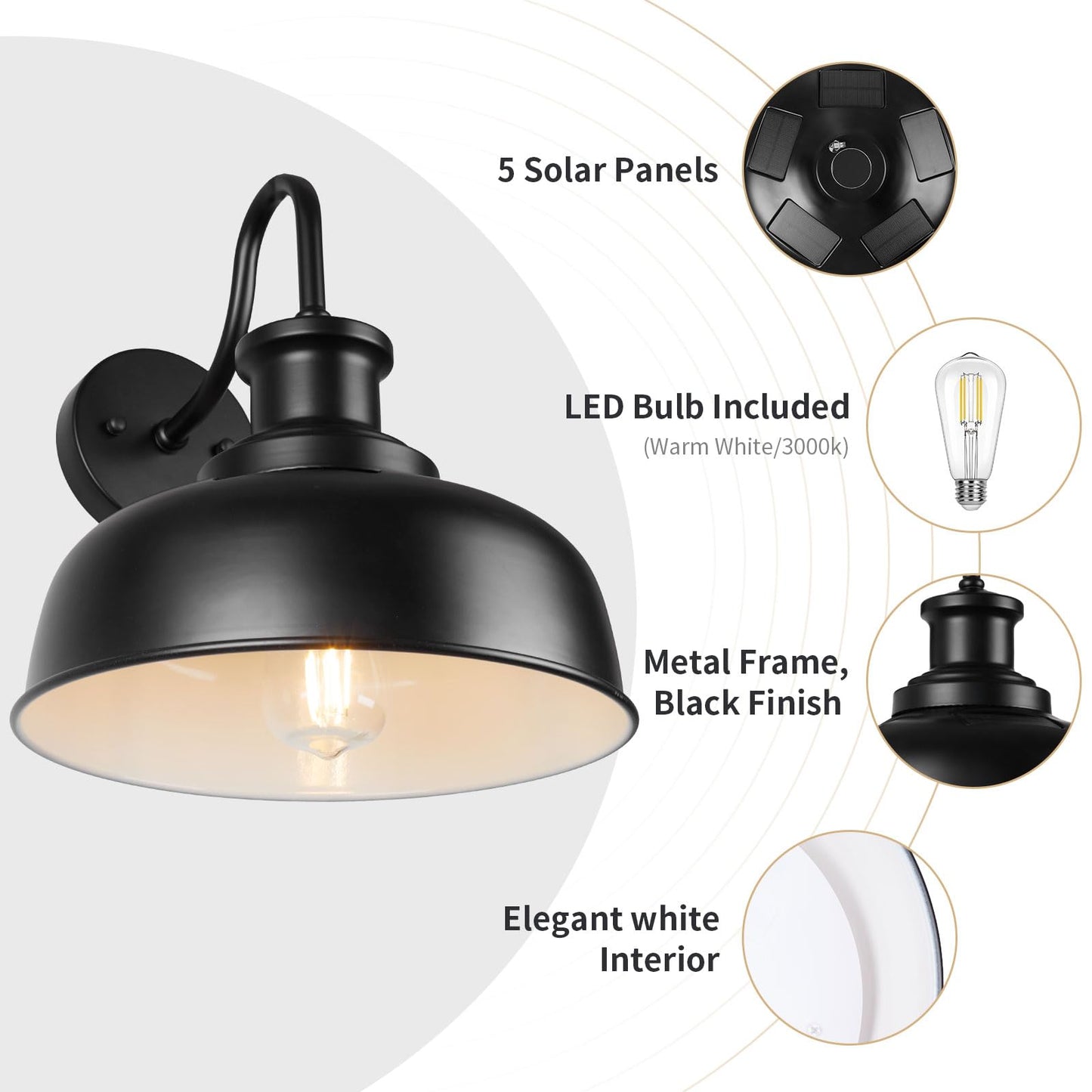 Diyel Solar Barn Lights For Outside  Gooseneck Outdoor Wall Lights Solar Powered  Farmhouse Exterior Wall Sconces  Industrial Exterior Lighting Fixture  Rustic Lantern For Garage  Barn  Shed Rzsr007-2