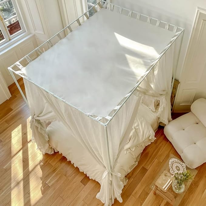 Mengersi Linen Canopy Bed Curtains,Bed Canopy Curtains Bed Drapes Sheer Curtains for Bedroom Decor (Ivory, King)