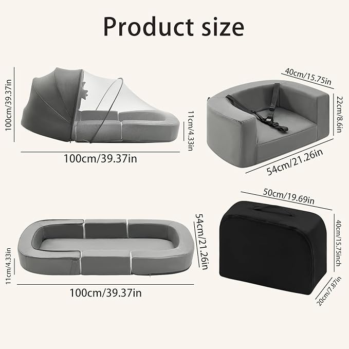 Todldler Baby Travel Bassinet Bed & Chair, Fold Out Sofa Couch Lounger with 2-1 Mosquito & Canopy, Foldable Portable Travel Cot with Foam Raised Safety Bumpers for Infant Toddlers 0-36 Months (Grey)
