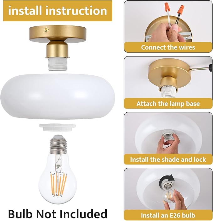 Mid-Century Modern Gold Semi Flush Mount Ceiling Light, Kitchen Ceiling Light Fixture with Glass Shade, Vintage White Close to Ceiling Lamp for Entryway Hallway Bathroom (11.0 Inch)