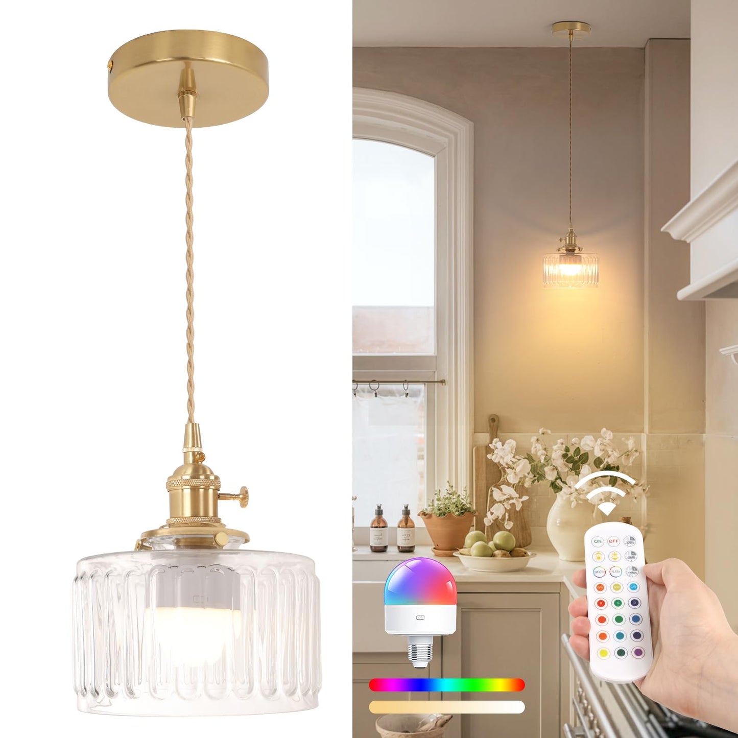 Shenmoyl Battery Operated Pendant Light with Remote Control, 5000mAh Rechargeable, Z-Striped Clear, Glass, 1 Pack