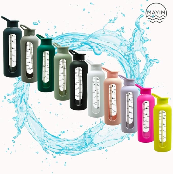 Mayim 24 Oz Glass Tumbler with Straw and Handle, Reusable Motivational Glass Water Bottle with Silicone Sleeve and Time Marker, Leak Proof Borosilicate Water Bottle -Lilac