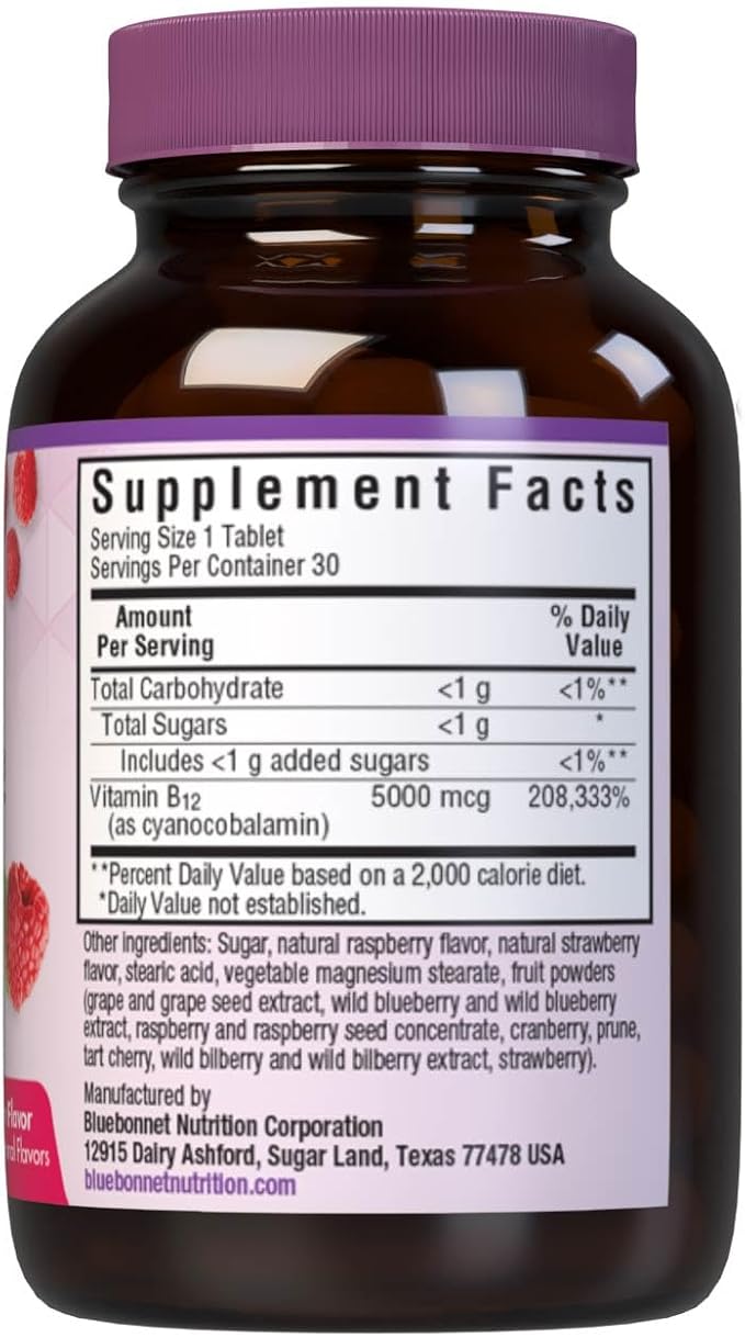 Bluebonnet Nutrition Earth Sweet Vitamin B12 5000 mcg Chewable Tablets, Soy-Free, Gluten-Free, Kosher Certified, Dairy-Free, Vegan, Raspberry Flavored, 30 Chewable Tablets, 30 Servings