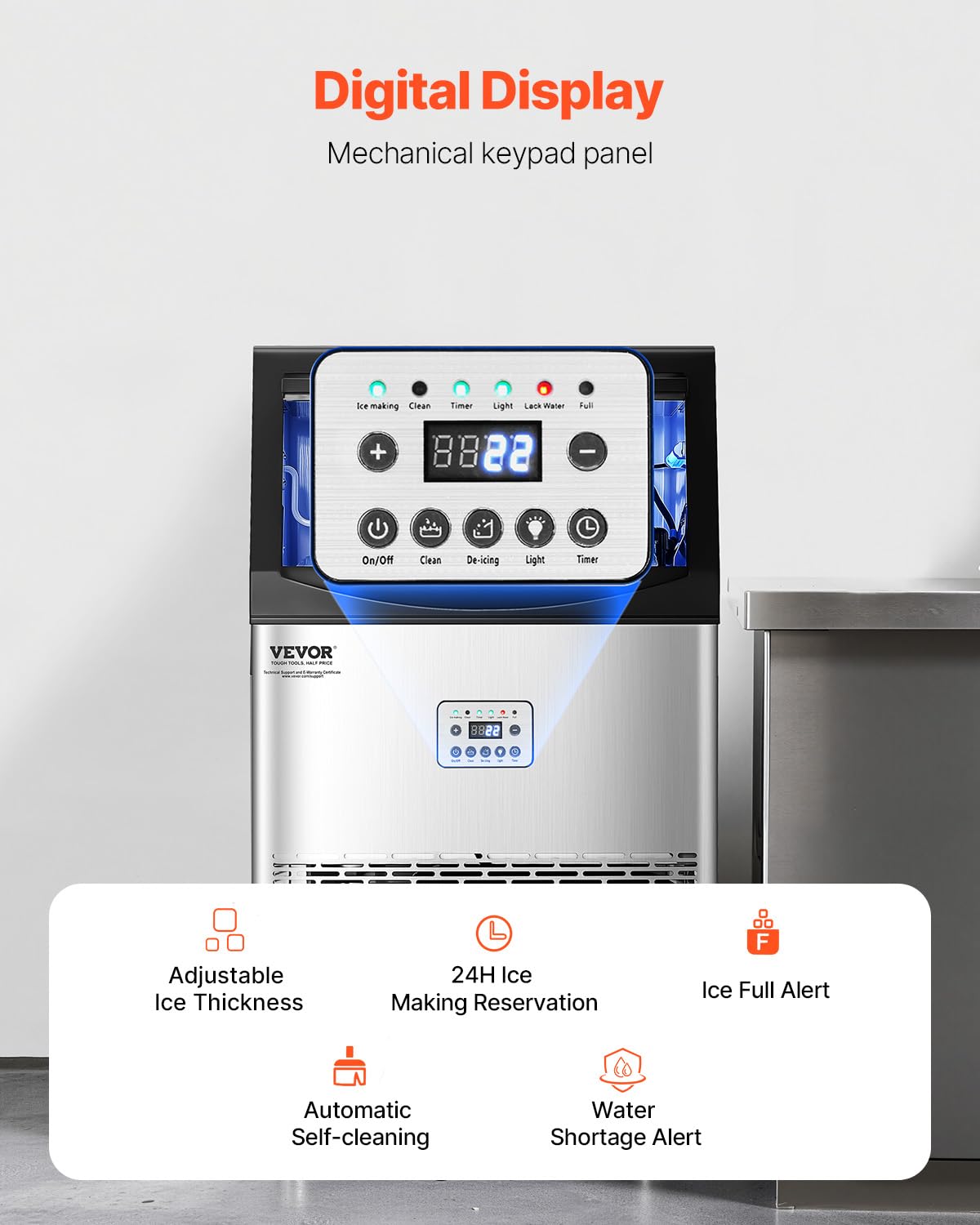 VEVOR Commercial Ice Maker Machine, 90lbs/24H Ice Maker Machine with 33lbs Storage Capacity, 50 Ice Cubes in 15 Minutes, LED Digital Display Freestanding Self-Cleaning for Bar Office Restaurant