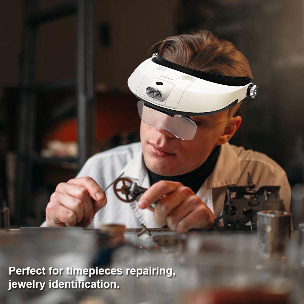 AZFUNN 1X to 6X Headband Magnifier, Head Mount Magnifying Glass with LED Light for Close Work Jewelers Loupe Eyelash Extensions Watch Repair Reading