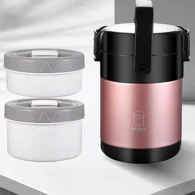 Stackable Stainless Steel 3-Tier Lunch/Snack Box, Vacuum Stainless Steel Leak-Proof Insulated Bottle, Suitable for Carrying Food to Office, Outdoor Picnic(64oz, Noble Pink)