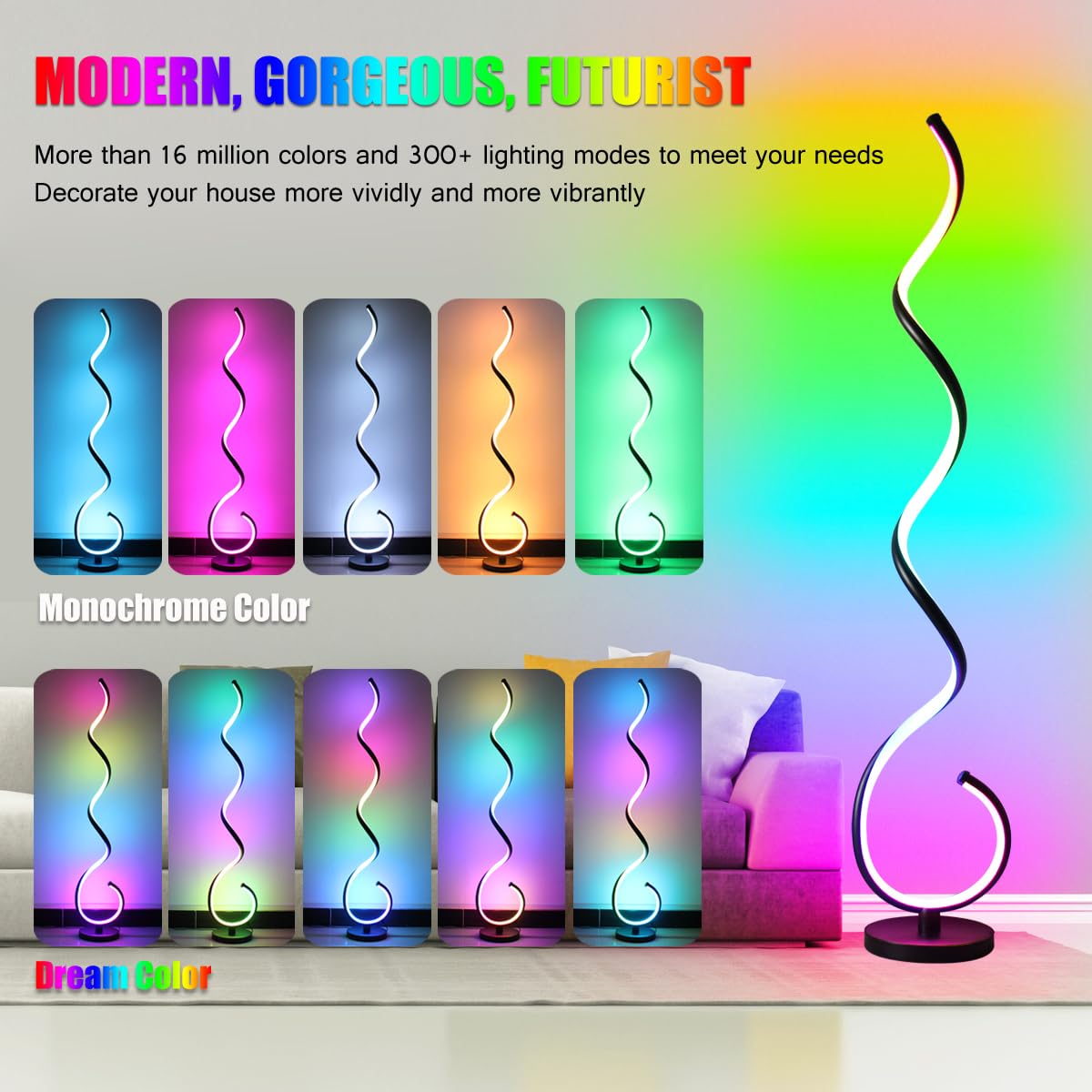 LENIVER RGB Spiral Floor Lamp, Smart Dimmable Corner Lamp with Remote Control, Black RGB, Model LNV-FL09-1-RGB