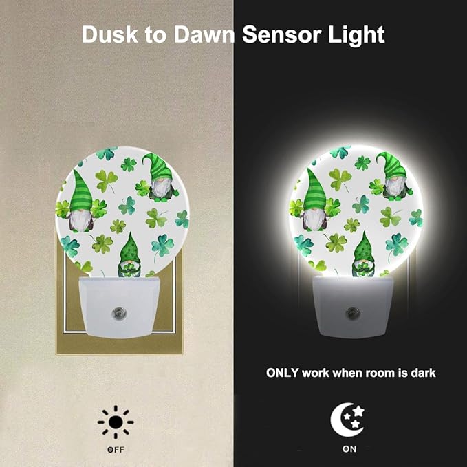 EKOBLA Cute Patrick's Gnome Night Light Green Shamrock Clover Leaves Plug-in Nightlights Auto Sensor LED Plug-in Nightlights for Men Women Girls Boys Home Decor