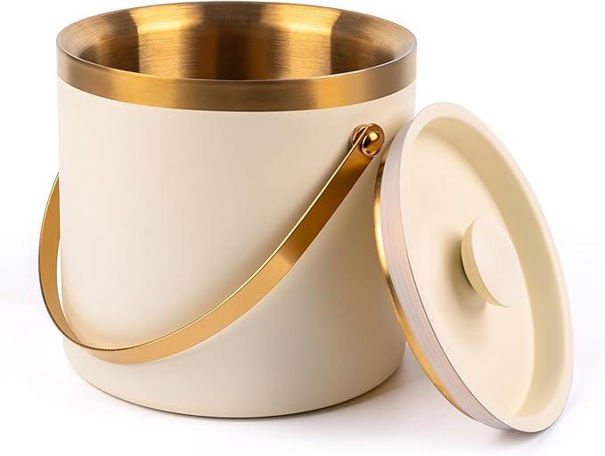 3L beige white Double Wall Insulated Stainless Steel Ice Bucket with scoop for Cocktail Bar,Metal Ice Bucket for freezer w...