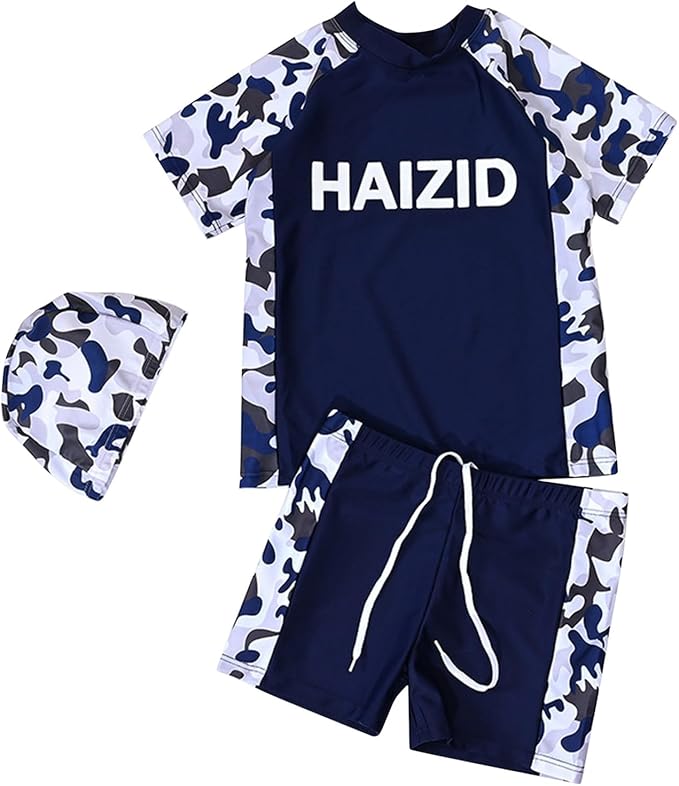 Boys Swimsuit 3 Piece Rash Guard Swim Shirt and Swimming Trunks with Cap Summer Lightweight Trendy Bathing Suits
