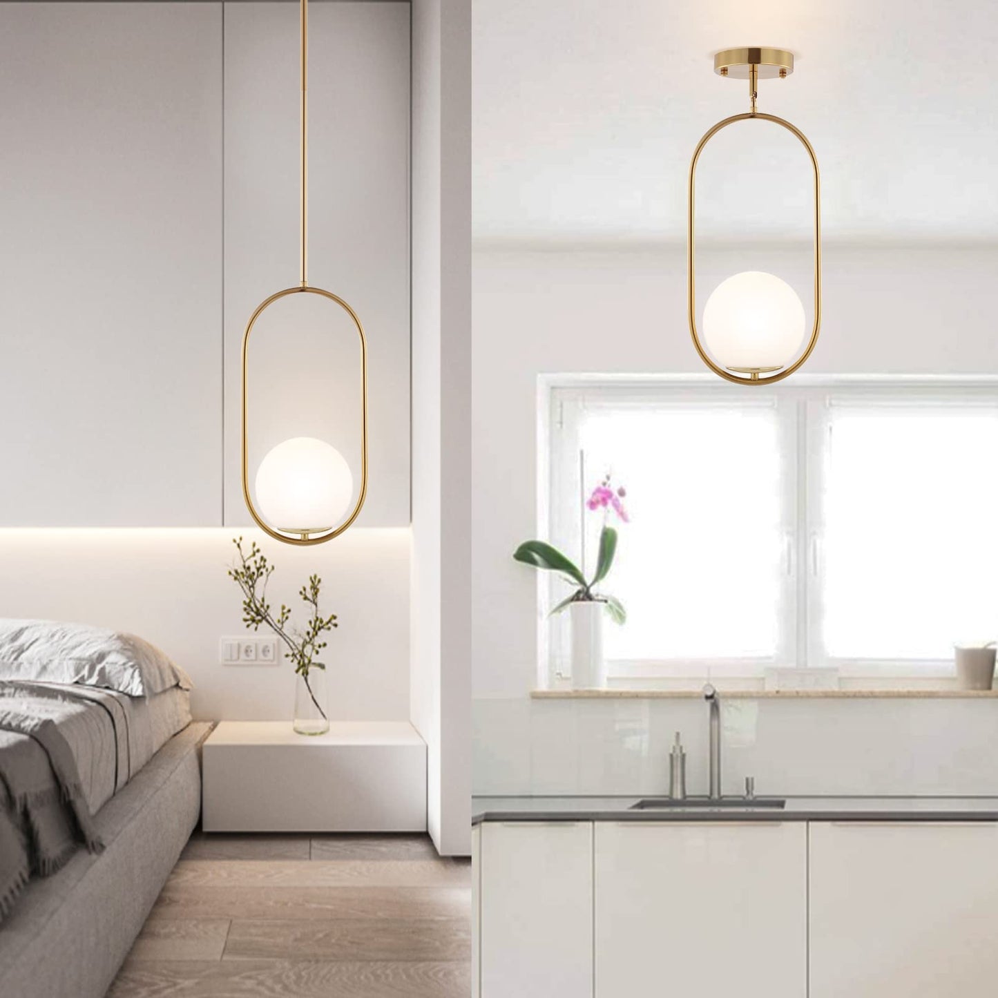 Byoliima Modern Gold Globe Pendant Light Mid Century Chandelier 1-Light Brushed Brass Ceiling Hanging Lighting Fixture With White Globe Glass Shade For Kitchen Island Dining Room Bedroom