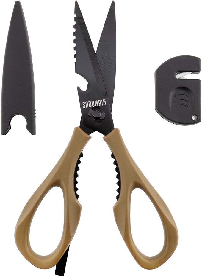 Kitchen Scissors All Purpose, Extra Sharp Kitchen Shears with Knife Sharpener & Sheath, Solid & Durable Stainless Steel Scissors with ANTI-RUST Black Titanium Plated, Dishwasher Safe - Brown
