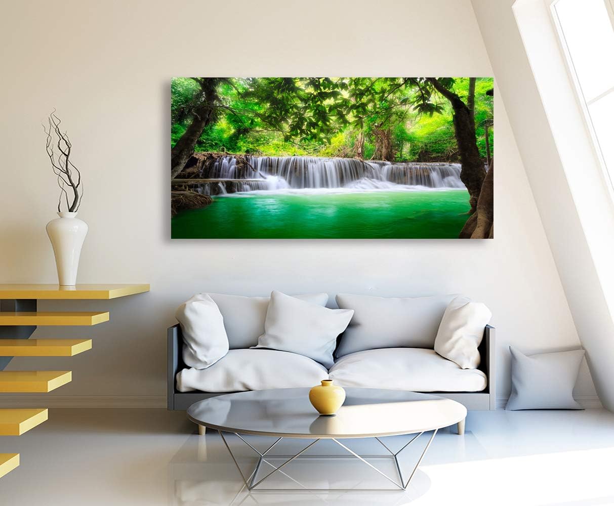 Cao Gen Decor Art-S01474 1 Panels all Art Tropical Beautiful Waterfall Prints Light Green Forest Natural Landscape Picture Canvas Paintings Creek Scenery Spring for Home Wall Decor Artwork XXLarge