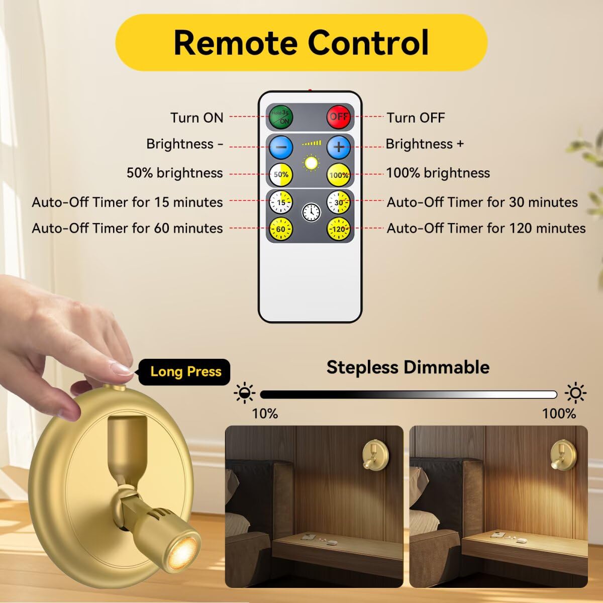 Ler0ktr Rechargeable LED Spotlight - Wireless Mini Art Accent Light, Dimmable, 2 Pack, Gold, Model SL-BG-22, Indoor Use