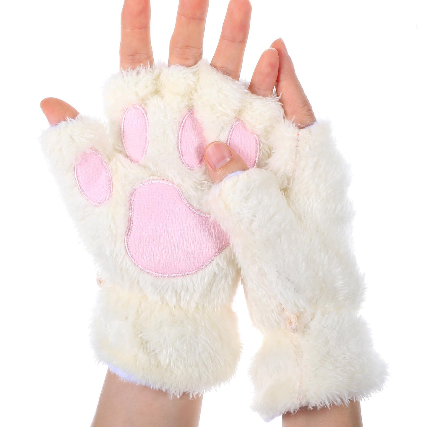 WLLHYF Cat Paws Gloves Fingerless Bear Furry Paw Cute Hand Gear Winter Warm Gloves Halloween Cosplay Costume Accessories (White)