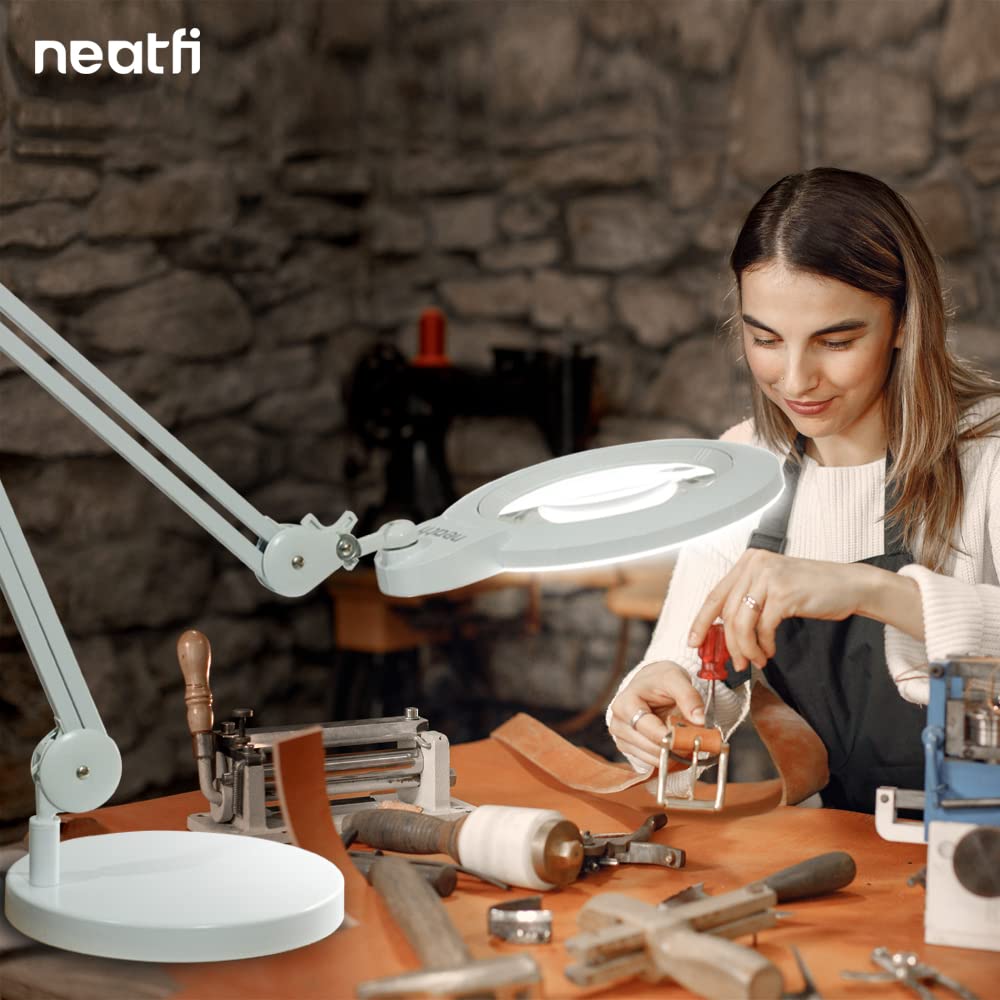 Neatfi XL Bifocal LED Magnifying Lamp 7-Inch Lens 5D/20D Magnification Adjustable Arm White with Base
