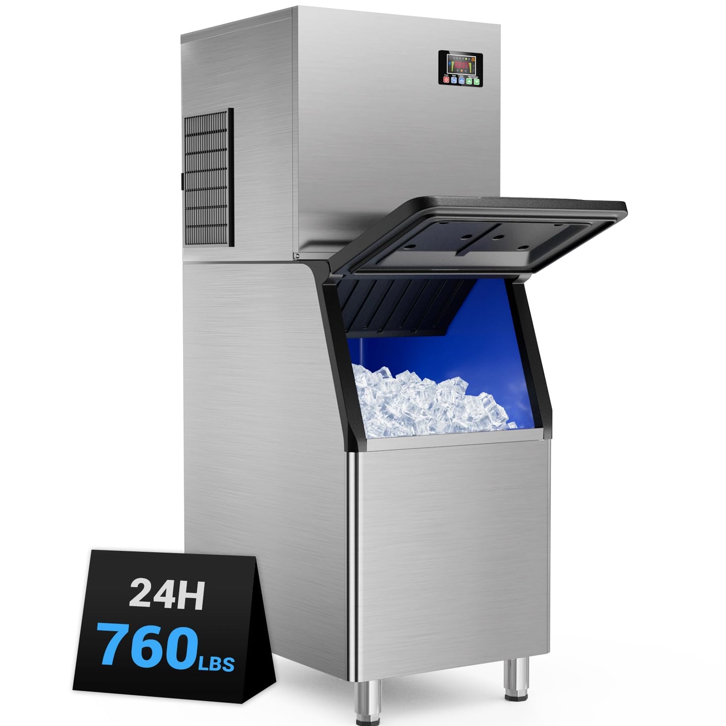 Commercial Ice Machine 760LBS/24H,Storage 650LBS,Large Industrial Ice Maker,Ice Ready in 5-15min,with Self-Cleaning Mode,with Timing Function,30 Levels of Ice Thickness Adjustment,Stainless Steel