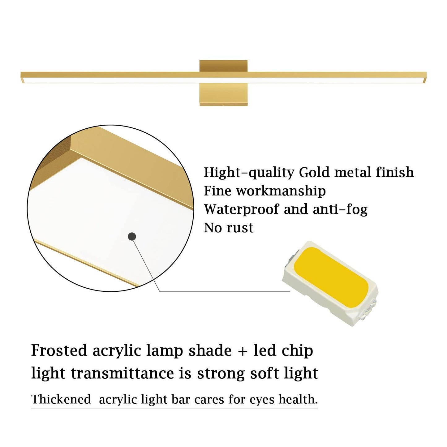 Ralbay Modern LED Vanity Light 38W Frosted Aluminum 40 inch Gold Wall Fixture 6000K for Bathroom Over Mirror