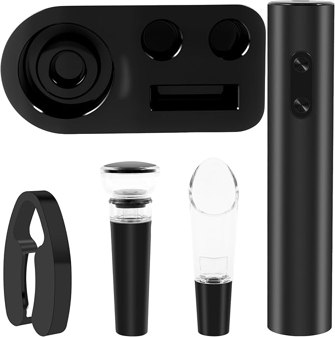 4Pcs Electric Wine Opener Set ABS Automatic Wine Opener Set with Stand Foil Cutter Wine Pourer Vacuum Stopper Practical Electric Wine Opener Rechargeable for Home Party Bar Outdoor Wine Gift