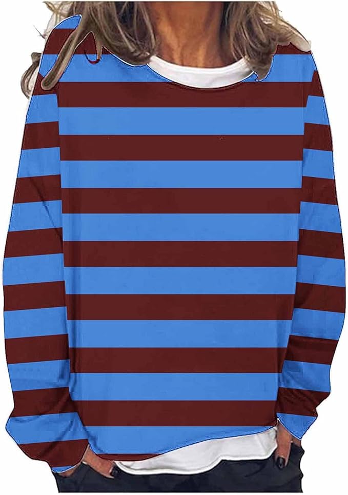 Women's Fall Oversized Striped Rugby Pullover Casual Long Sleeve Layered Sweatshirt Loose Fit Drop Shoulder Top
