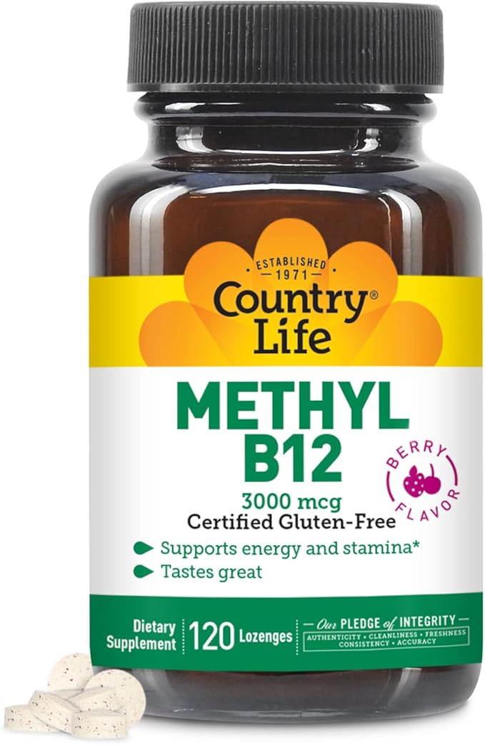 Country Life Methyl B-12 3000 mcg Lozenges, Vegan, Methylcobalamin for Energy and, Easily Absorbed, B12 Vitamin, Supports Energy Levels, Stamina & Metabolism, 120 Count