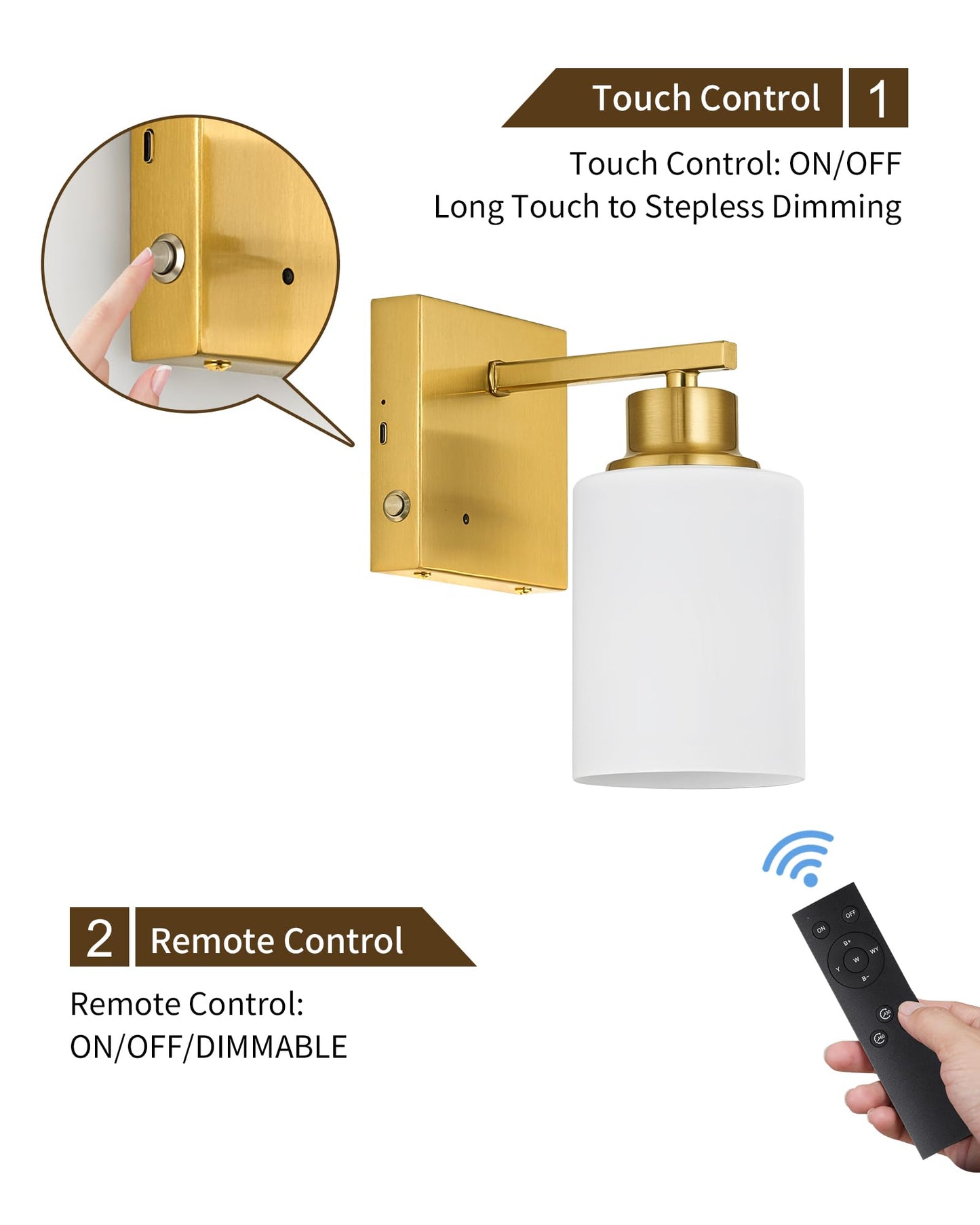 Rayogale Wireless Rechargeable Battery Wall Sconce Set of Two, Dimmable, Remote, 3000K, Gold with White Lampshade, Model WL-7112