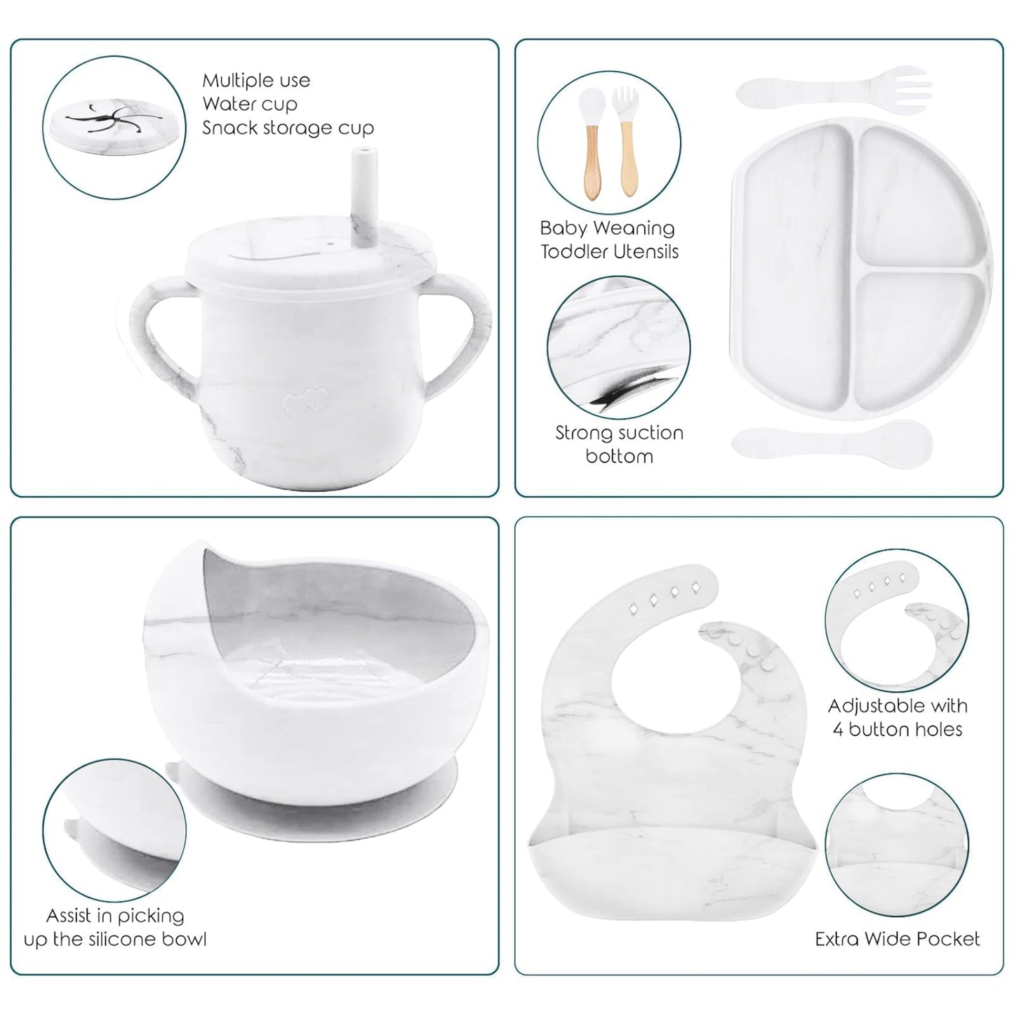 Dormlony 9pc BPA Free Silicone Baby Feeding Set - White: Suction Bowl, Divided Plate, Sippy Cup, Bib, Spoons, Forks - Baby Eating Utensils
