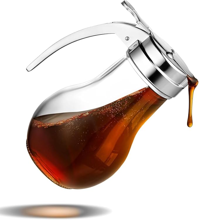 Glass Syrup Dispenser 14 oz – No-Drip Honey Dispenser for Maple Syrup, Dressings & Sauces – Durable Clear Glass, Easy Pour Spout, Leak-Proof Lid