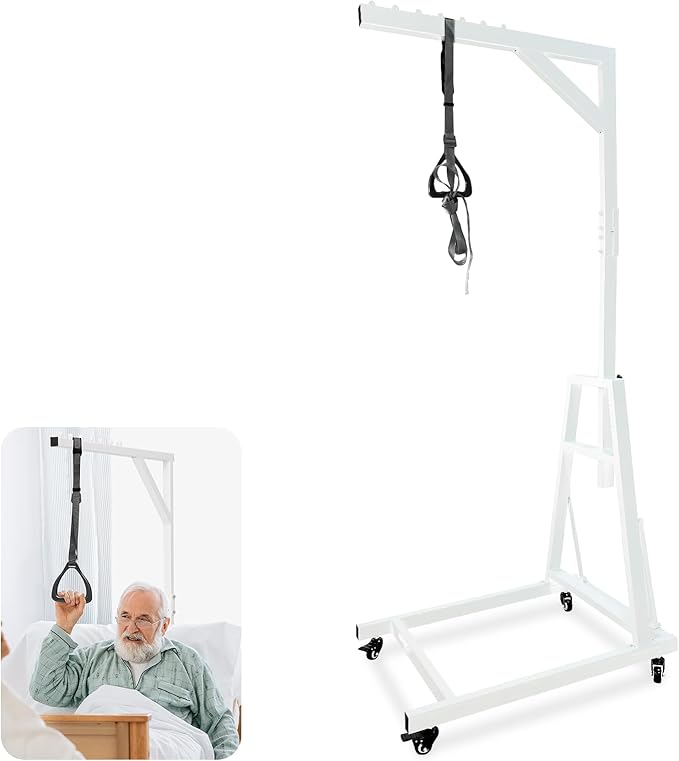 kuailebuy Trapeze Bar for Bed Mobility,Free Standing Trapeze Tar with Wheels,Bed Assist Bar,White Pull Up Assist Bar,5Ft-7...