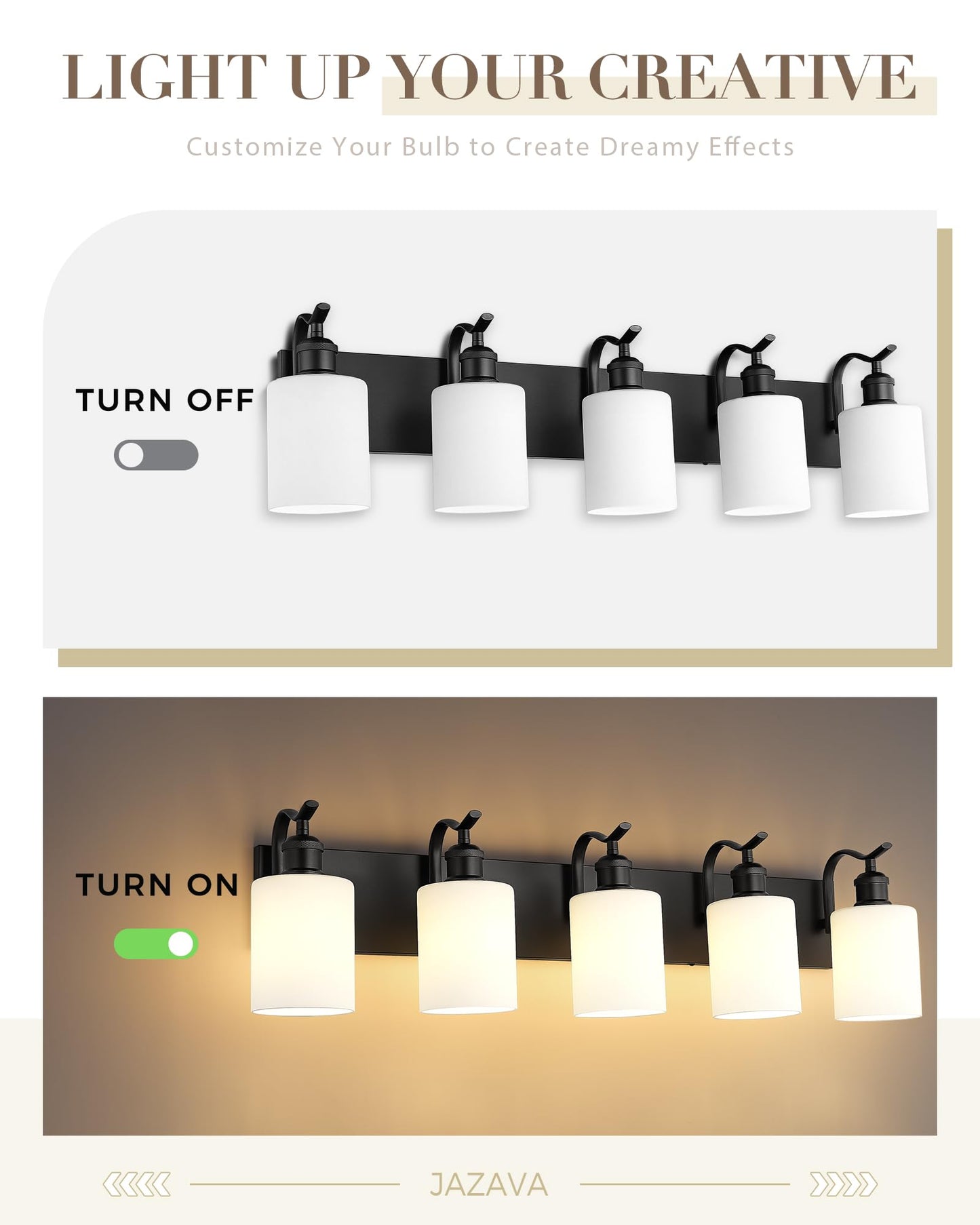 Jazava 5 Light Bathroom Vanity Light  Morden Black Vanity Light Bathroom Lighting Fixtures Over Mirror Black Wall Sconces With Milky White Frosted Shade Zcvl01Bkw-5