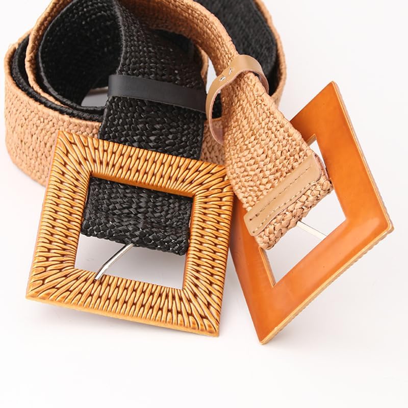 COTIM COYIN Women's Square Buckle Elastic Straw Braided Belts, Woven Boho Waist Belt, Beige