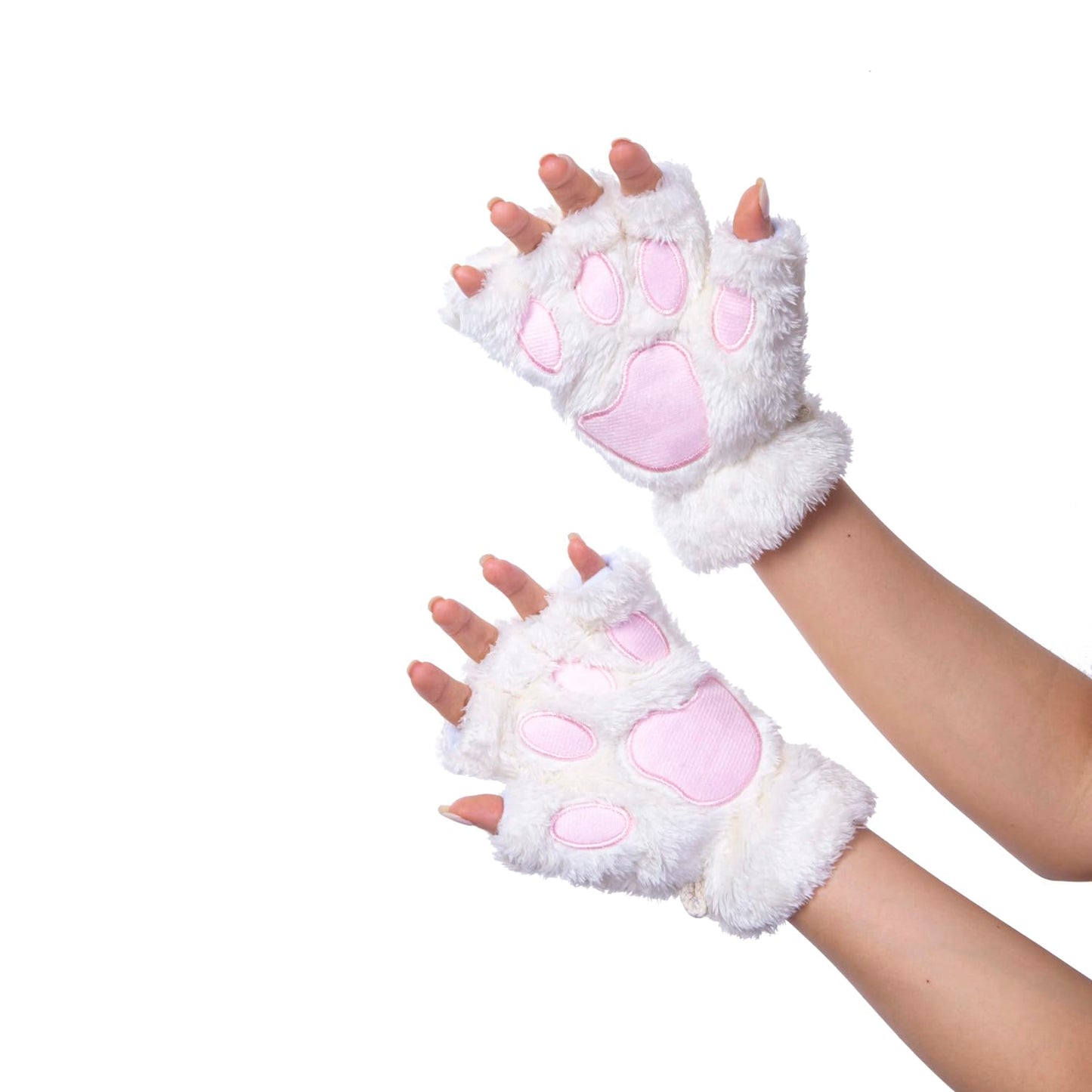 Vonokee Women Halloween Costume Cat Paws Gloves,Novelty Faux Fur Bear Paw Fingerless Mittens, Plush Lion Claw Gloves (White)