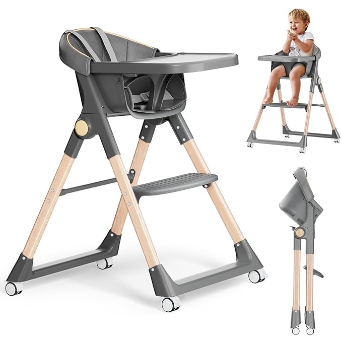Baby High Chair, High Chairs for Babies and Toddlers, Convertible Folding High Chair with Wheels, Removable Tray 5 Point Harness Footrest Detachable PU Cushion, Portable Highchair for Baby Toddlers