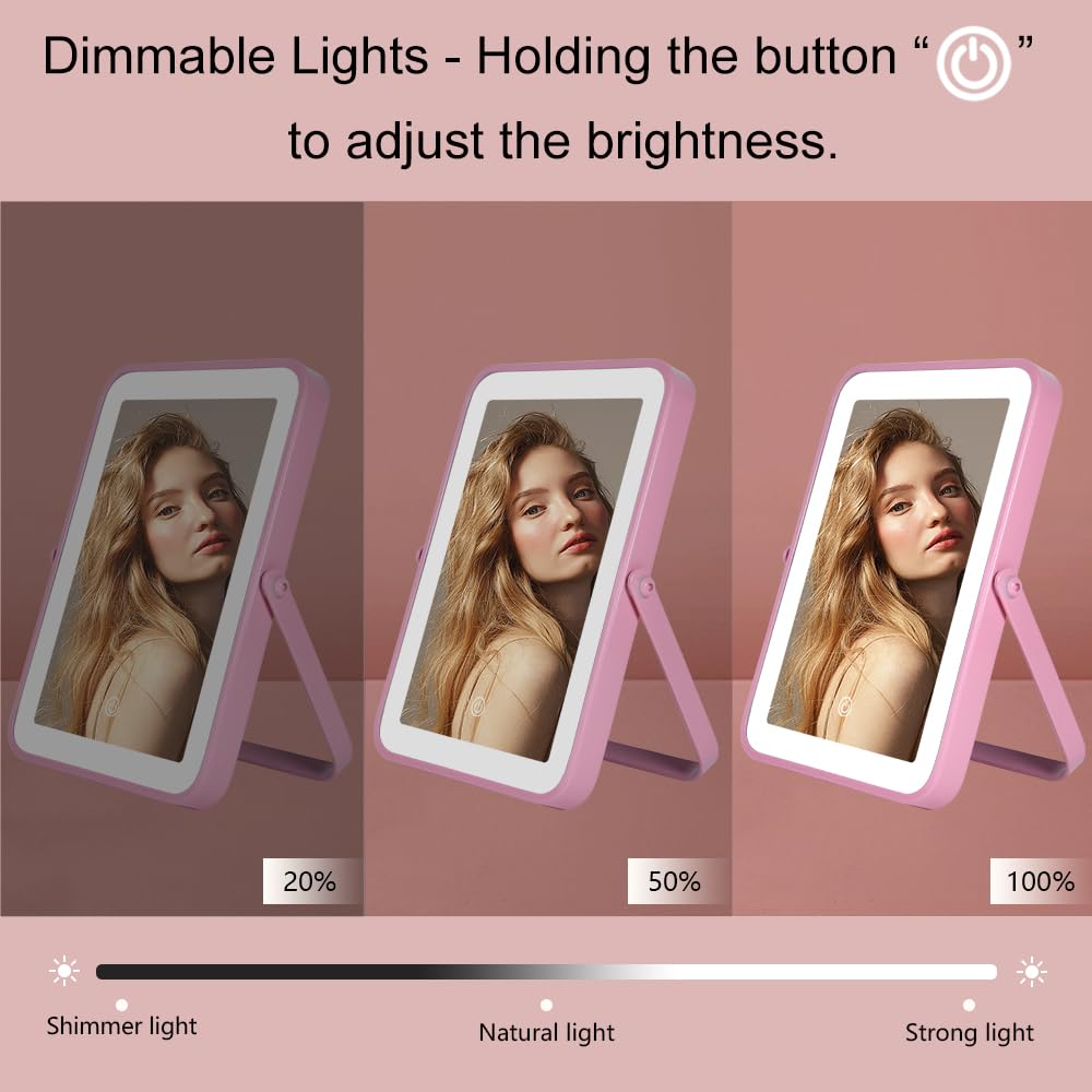 YEKKOPT Pink Rechargeable Vanity Mirror with Lights, 10  7 LED Makeup Mirror with Lights, Smart Touch Control Dimmable 3 Modes L