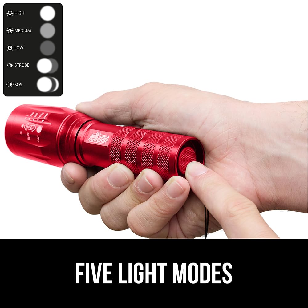 Gorilla Grip LED Tactical Handheld Flashlight, 750 FT Zoom, 5 Modes, Water Resistant, Metal, Red, Model 840029684887